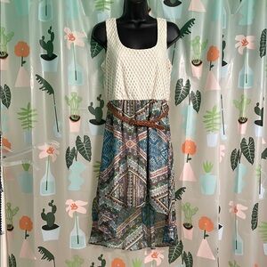 Sleeveless Cream and Blue Patterned Dress with Brown Belt